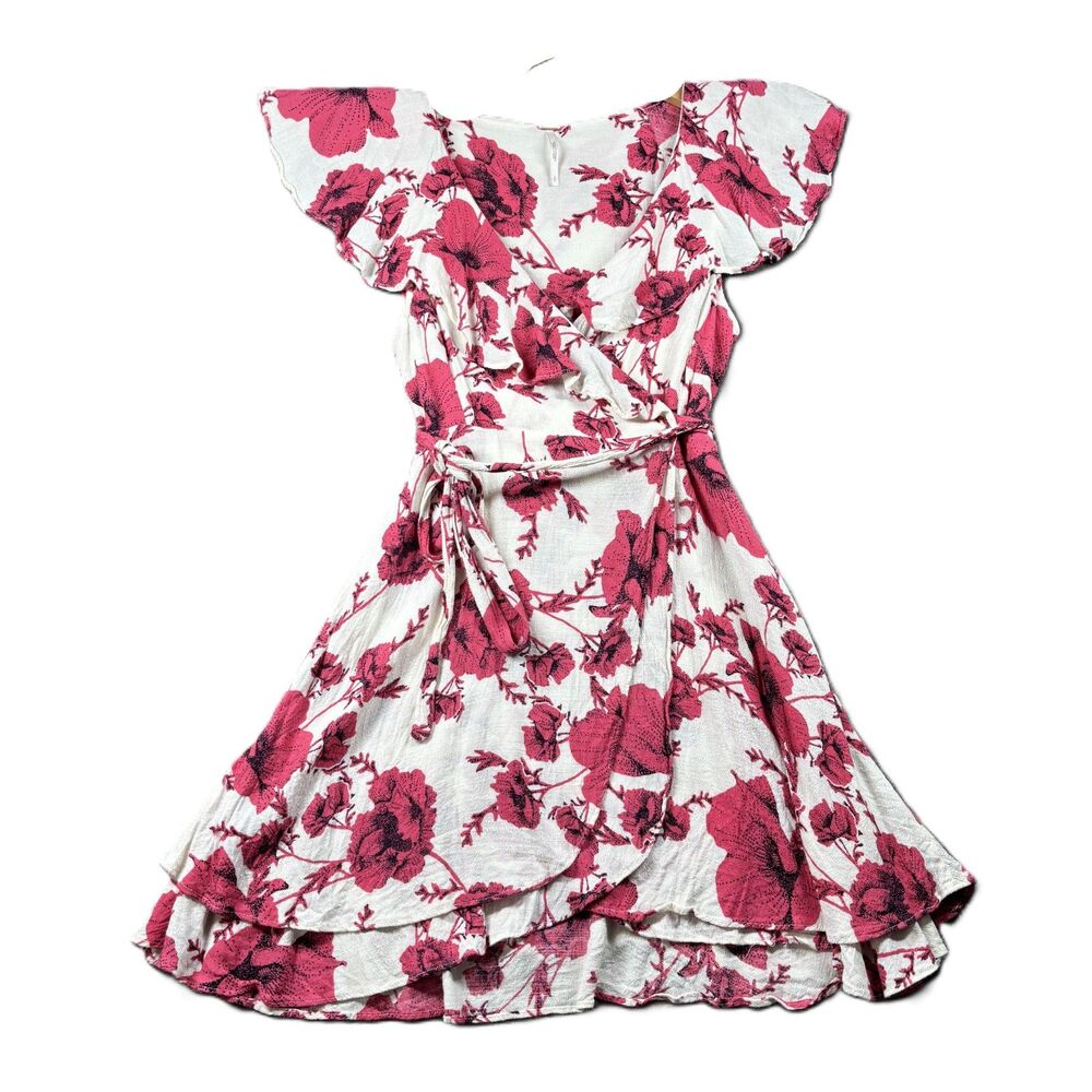 Free People Wrap Dress French Quarter Mini Girly Floral White Pink Small L209